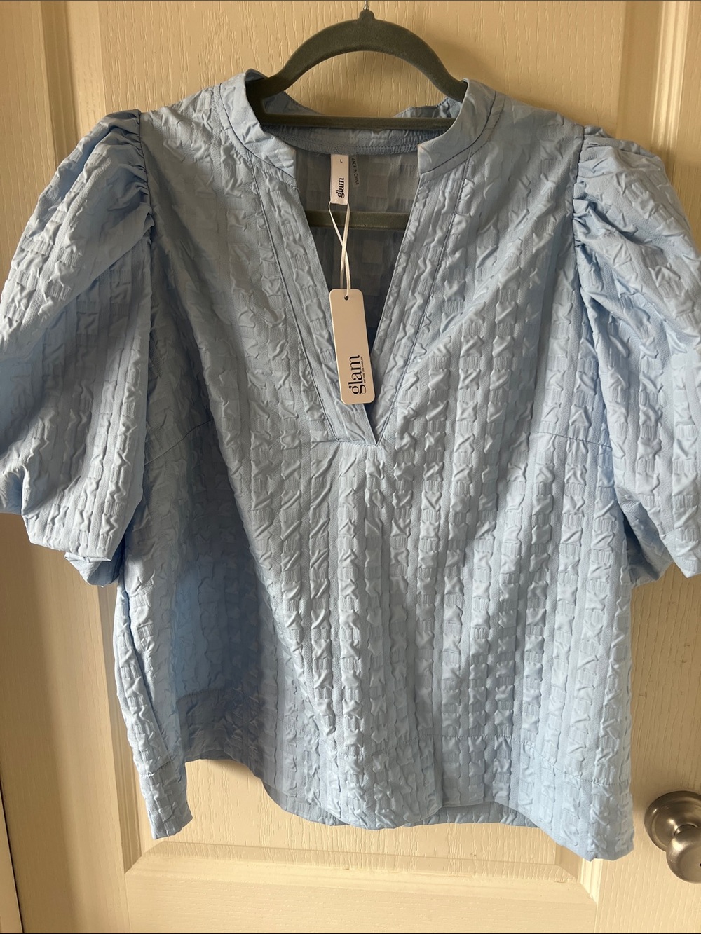 glam Pale Blue Textured Puff Sleeve Blouse